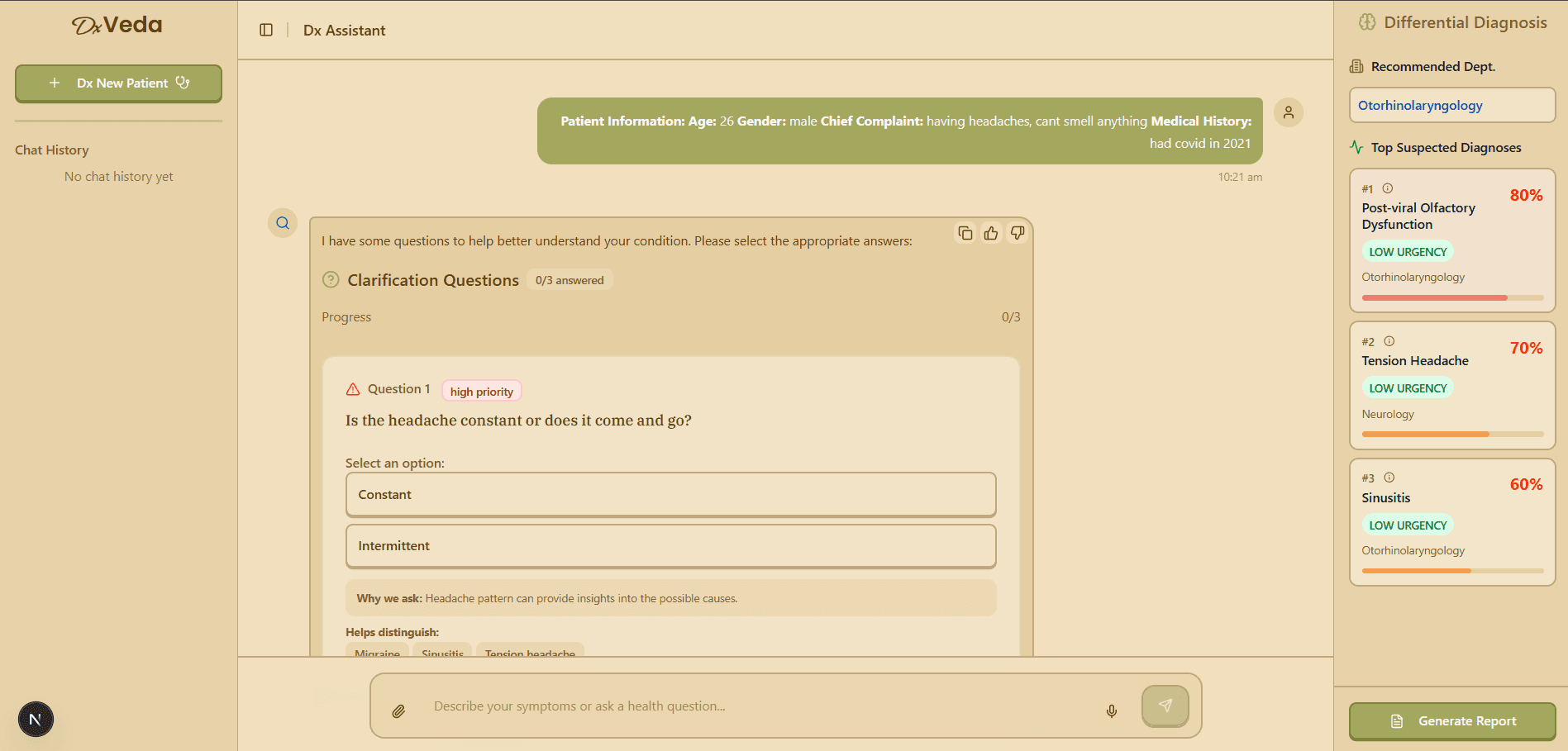 DxVeda AI UI showing patient triage interface with real-time analysis, differential diagnosis probabilities, and OPD routing recommendations