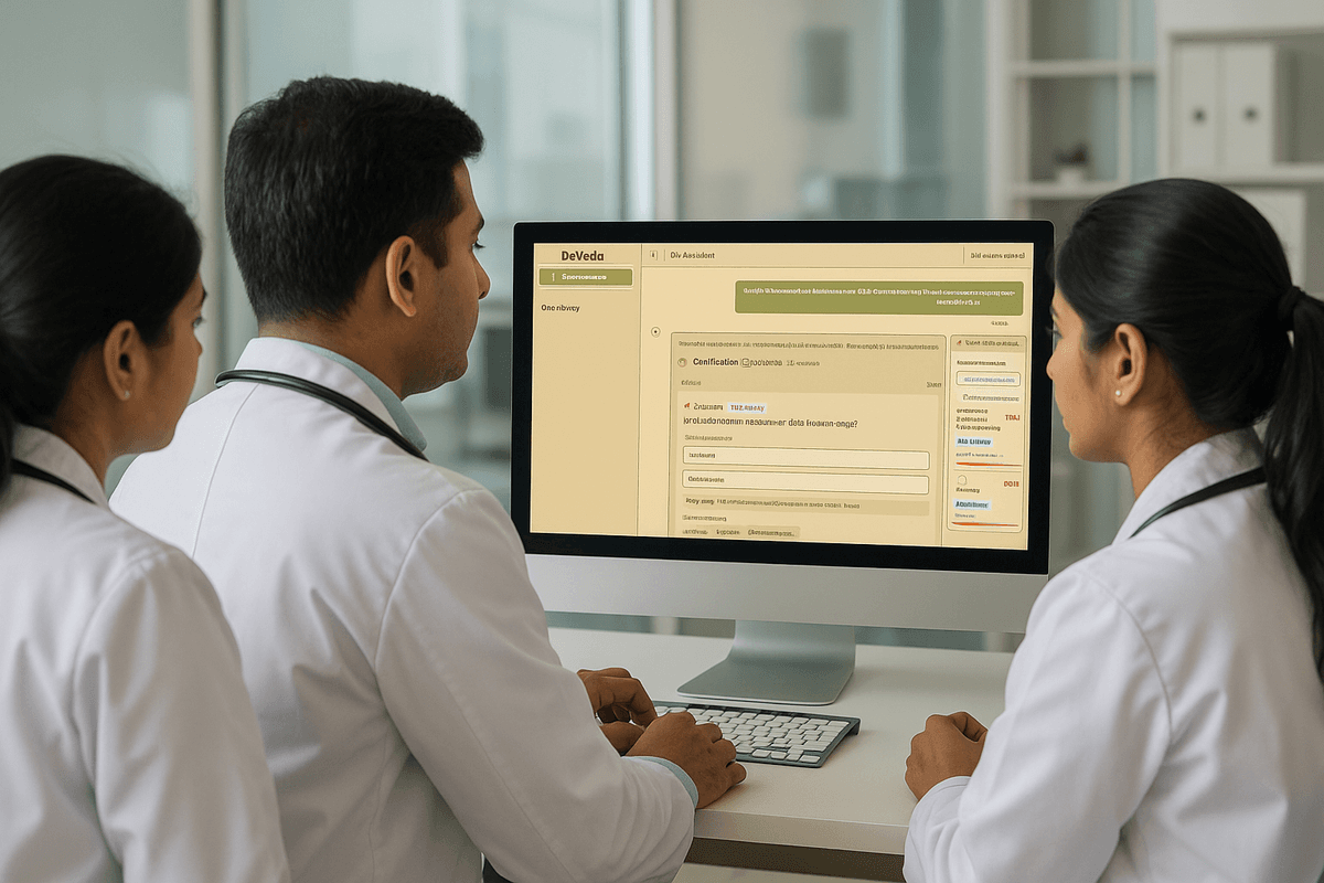 Healthcare professionals using DxVeda system in a modern hospital setting