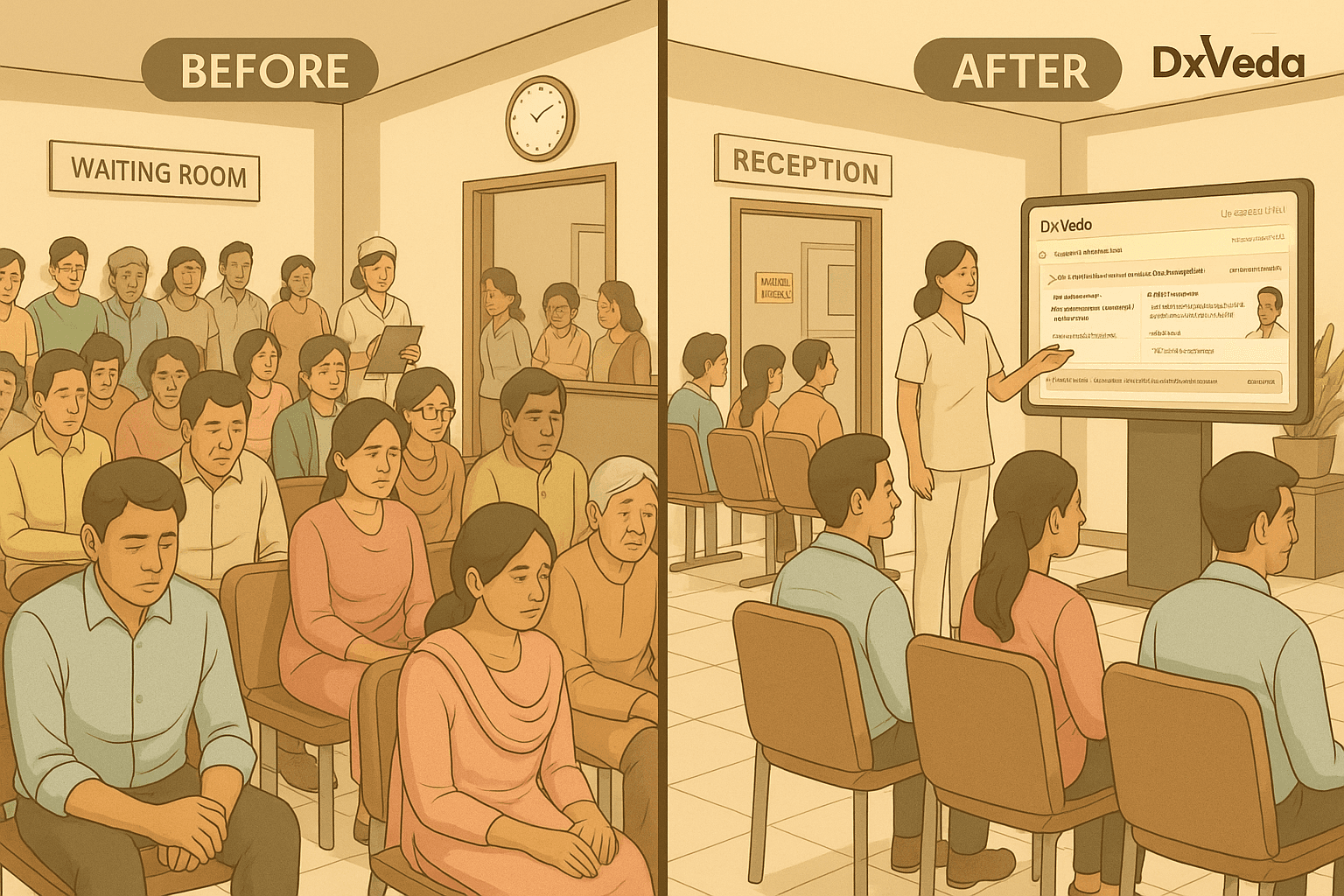 Before and after comparison showing crowded waiting room transformed into organized, efficient patient flow with DxVeda system